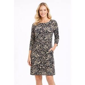 J. McLaughlin Catalina Cloth Dress XL Black Tan Floral Stretch Shift 3/4 Sleeve